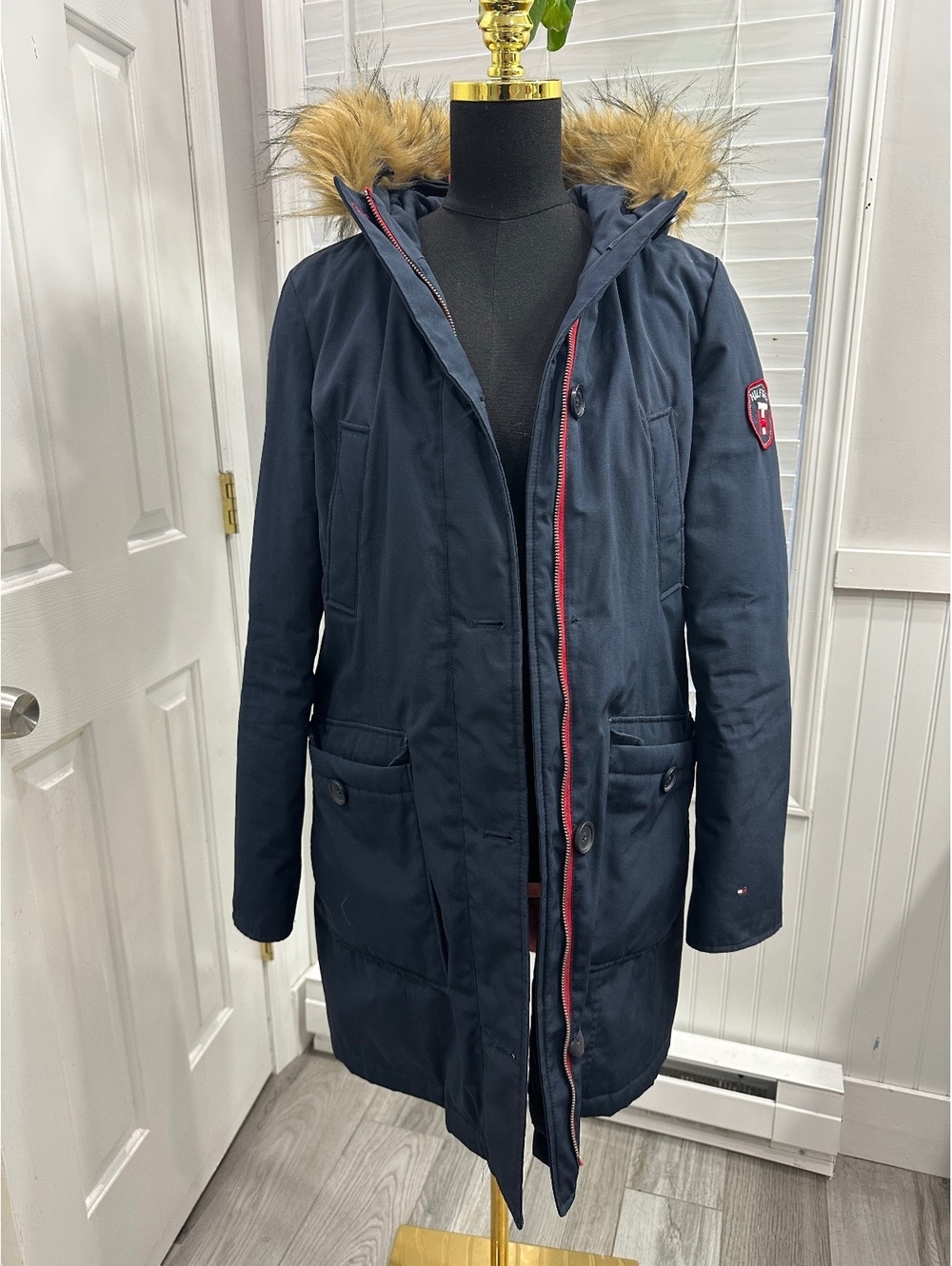 Tommy Hilfiger Women's Navy Blue Parka Jacket with Faux Fur Hood, Size Small